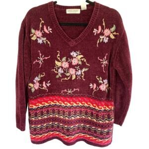 Vintage Chenille Floral Embroidered Coastal Grandmother Garden Tapestry Sweater